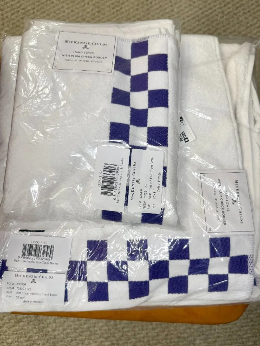 NEW (NWT) - MacKenzie-Childs Plum Check Bath & Hand Towel Set (Purple)